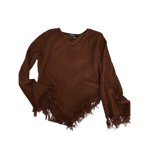 Fringed BoHo Y2K V-neck asymmetrical chevron knitted stripe brown sweater - Picture 9 of 10